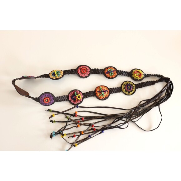 Chicos Leather Belt Boho Festival Crochet Beaded Southwest Braided Tassels 44\